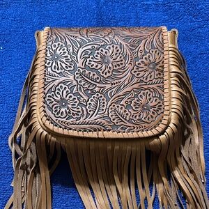 Montana West Tan Floral Tooled Leather Fringe Crossbody Bag